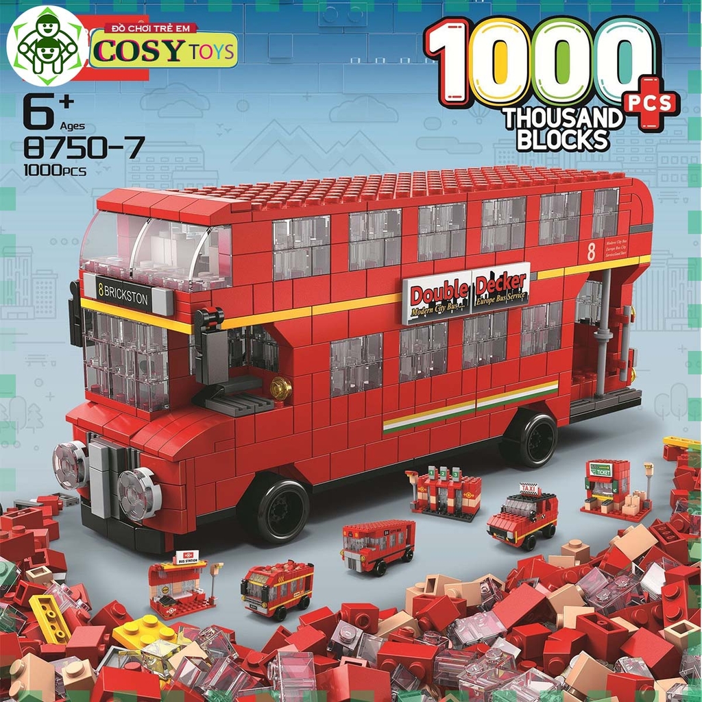 Bộ xếp hình lắp ghép 1000 chi tiết xe bus hai tầng 6 trong 1 với nhiều chi tiết, mẫu ghép khác nhau cho bé