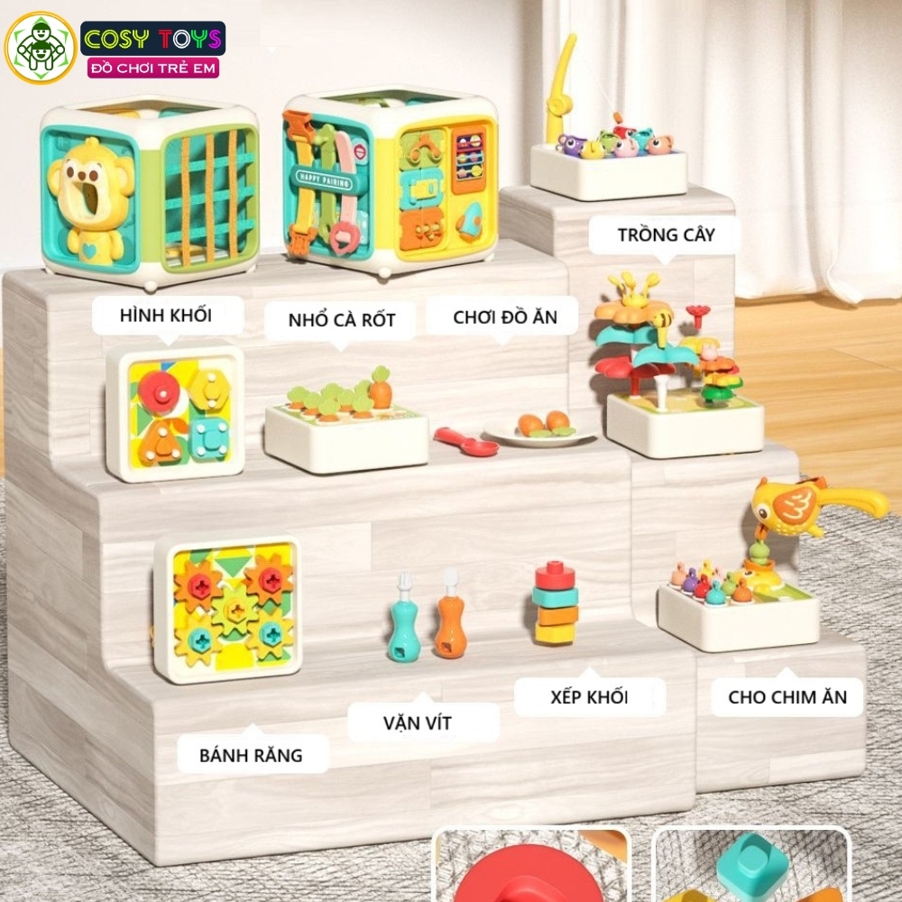 Đồ chơi hộp khỉ bận rộn đa chức năng: câu cá, xếp hình khối, bánh răng... sáng tạo và tư duy dành cho các bé từ 3 tuổi trở lên