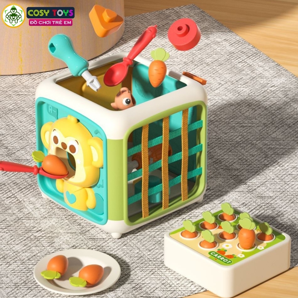 Đồ chơi hộp khỉ bận rộn đa chức năng: câu cá, xếp hình khối, bánh răng... sáng tạo và tư duy dành cho các bé từ 3 tuổi trở lên