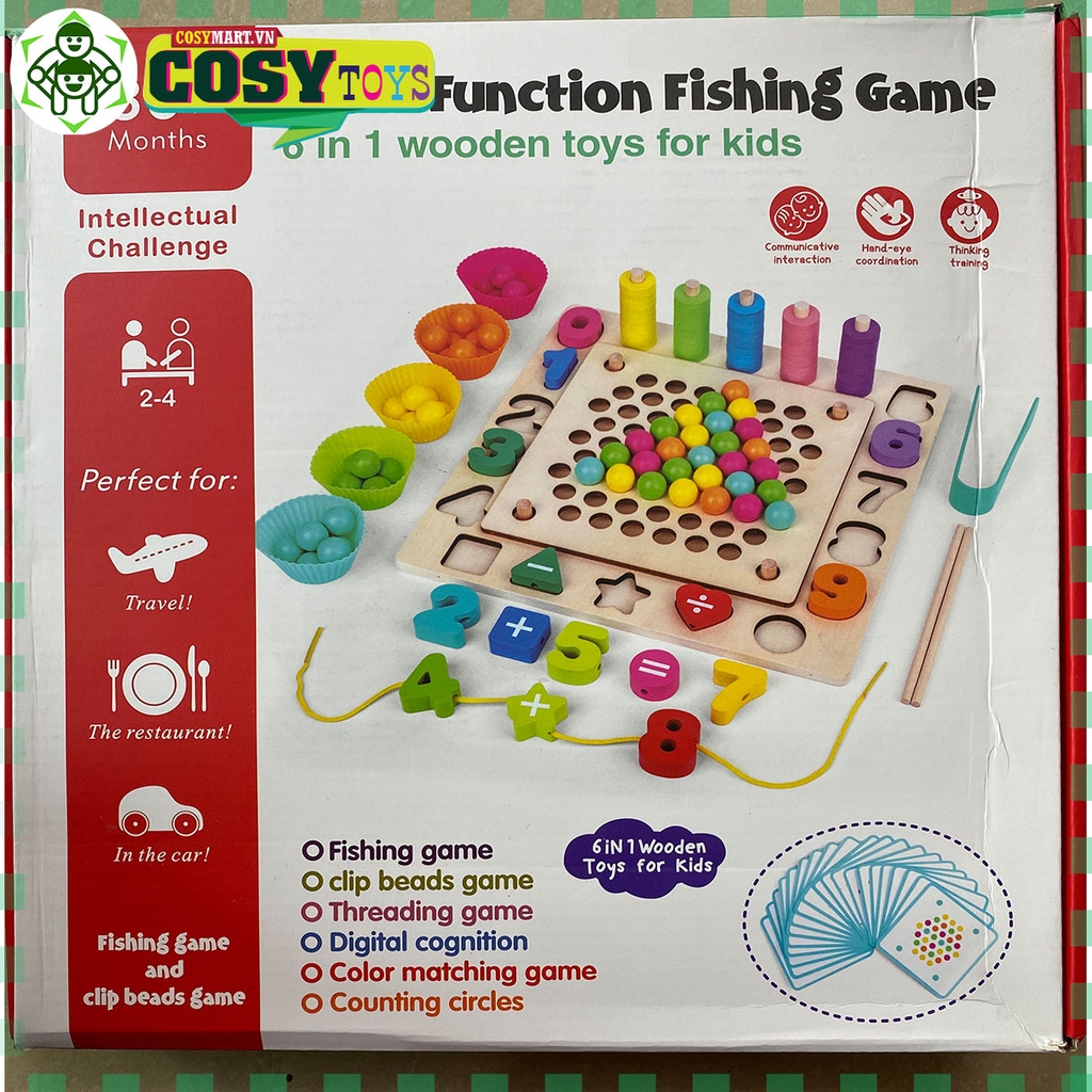 Đồ chơi gắp hạt kèm câu cá - thả số hình khối, xâu dây bằng gỗ thông an toàn cho bé