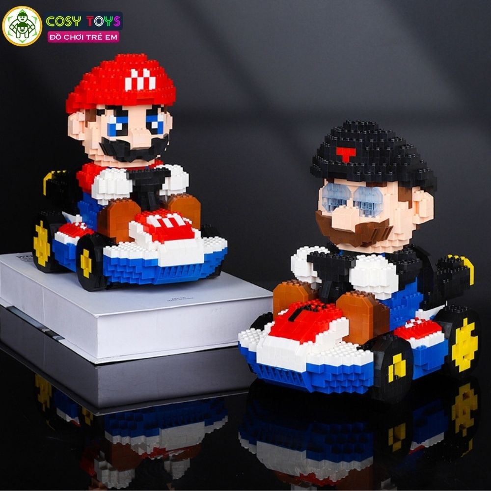 Đồ chơi lắp ghép xếp hình mario đỏ đen cưỡi xe oto với 4700 chi tiết