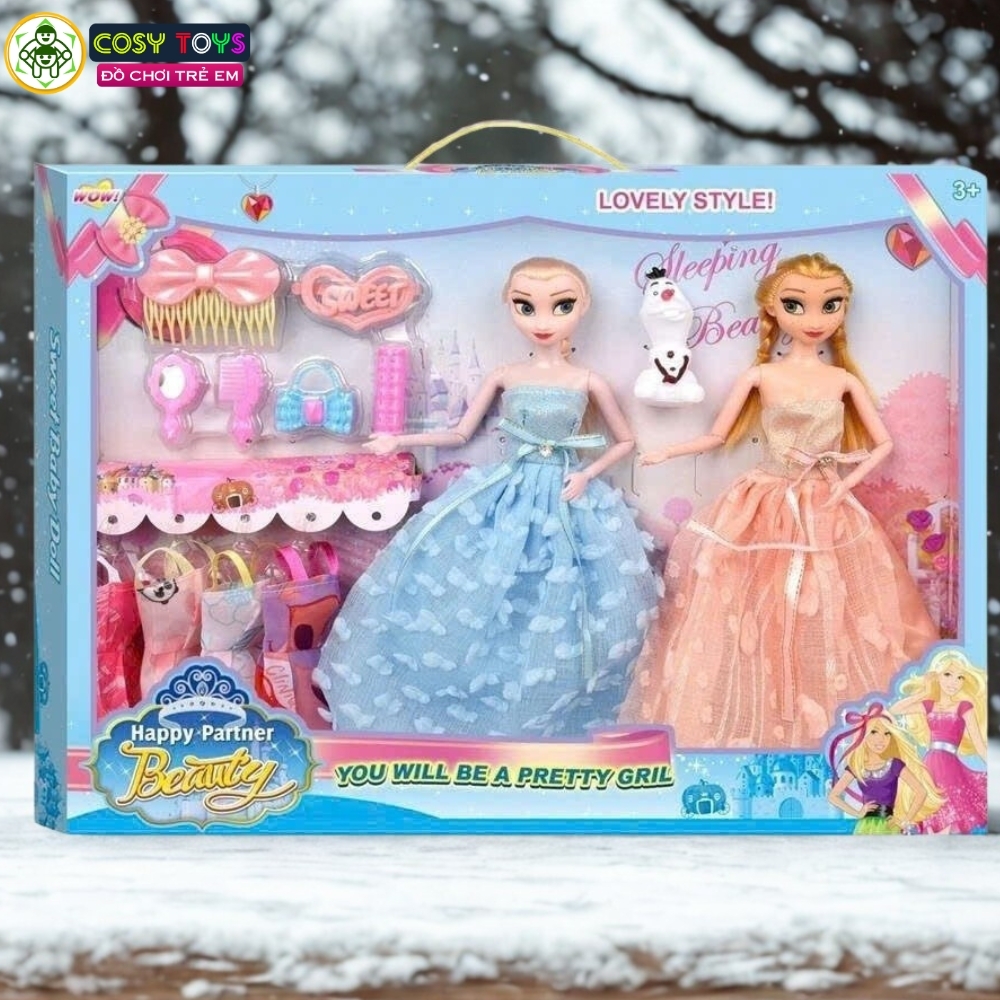 Đồ chơi búp bê 2 công chúa tuyết có váy thay đổi kèm đồ trang điểm, dụng cụ làm đẹp cho bé
