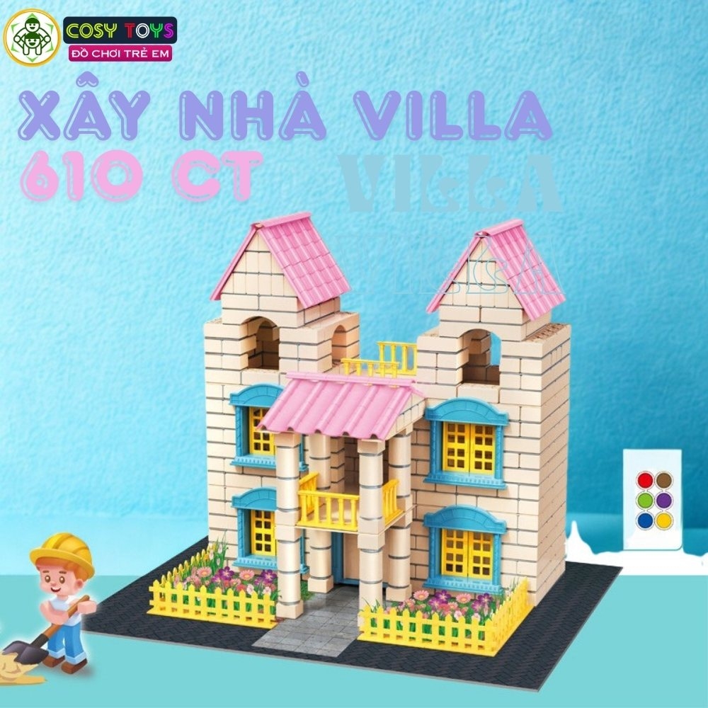 Đồ chơi xây nhà biệt thự mini bằng gạch và sơn màu với 160 chi tiết cho bé
