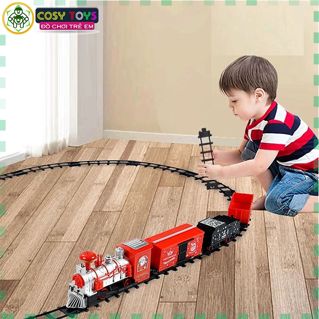 Đồ chơi đoàn Tàu lửa chạy trên đường ray, chạy pin có âm thanh và đèn cho bé