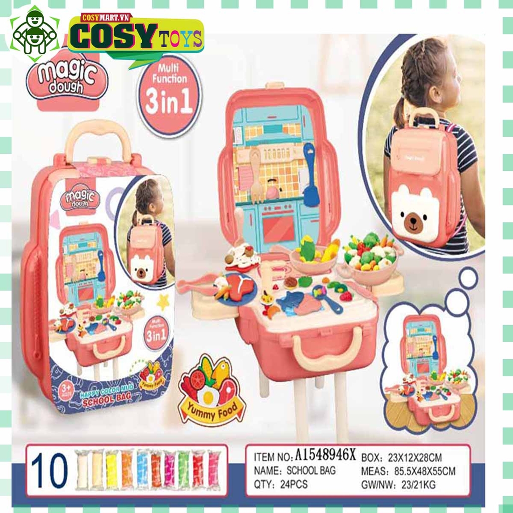 Đồ chơi vali nấu ăn 3 trong 1 kèm dụng cụ làm bếp và đất nặn 10 màu sắc nổi bật cho bé