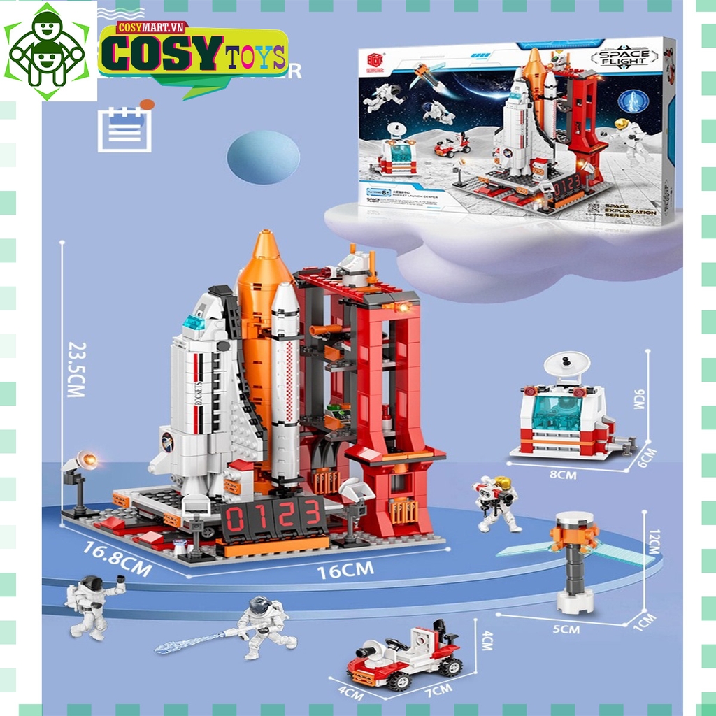 Lego xếp hình trạm phóng tàu vũ trụ, tàu không gian mới gồm: tàu không gian, tàu thám hiểm và phi hành gia, với hơn 600 chi tiết-mẫu tàu to và đẹp