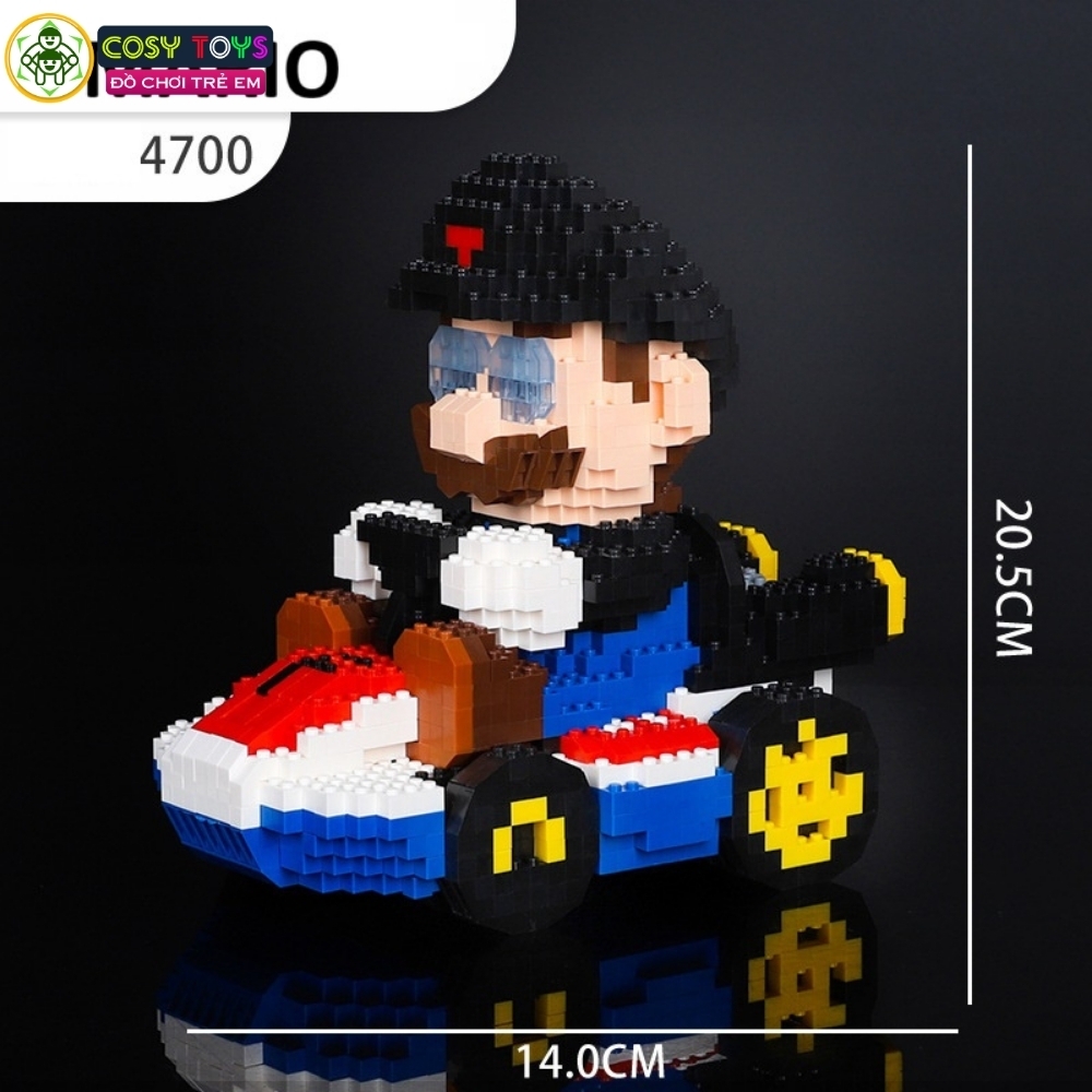 Đồ chơi lắp ghép xếp hình mario đỏ đen cưỡi xe oto với 4700 chi tiết