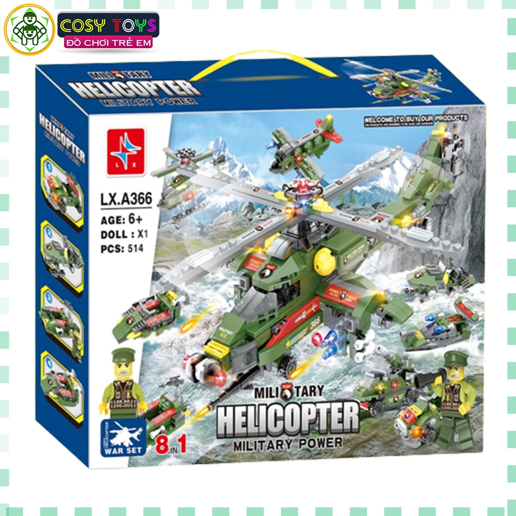 Đồ chơi lắp ghép xếp hình trực thăng chiến đấu 8 trong 1 với 514 chi tiết cho bé