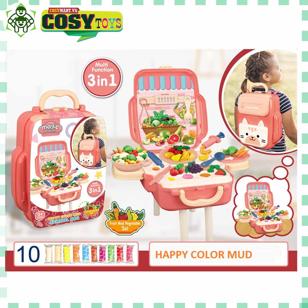 Đồ chơi vali nấu ăn 3 trong 1 kèm dụng cụ làm bếp và đất nặn 10 màu sắc nổi bật cho bé