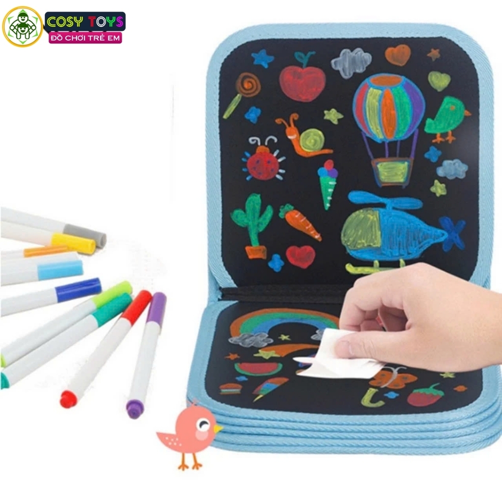 Sổ vẽ viết tự xóa chất liệu Graffiti phát sáng có tặng kèm bút và giấy lau (10 trang + 6 bút màu)