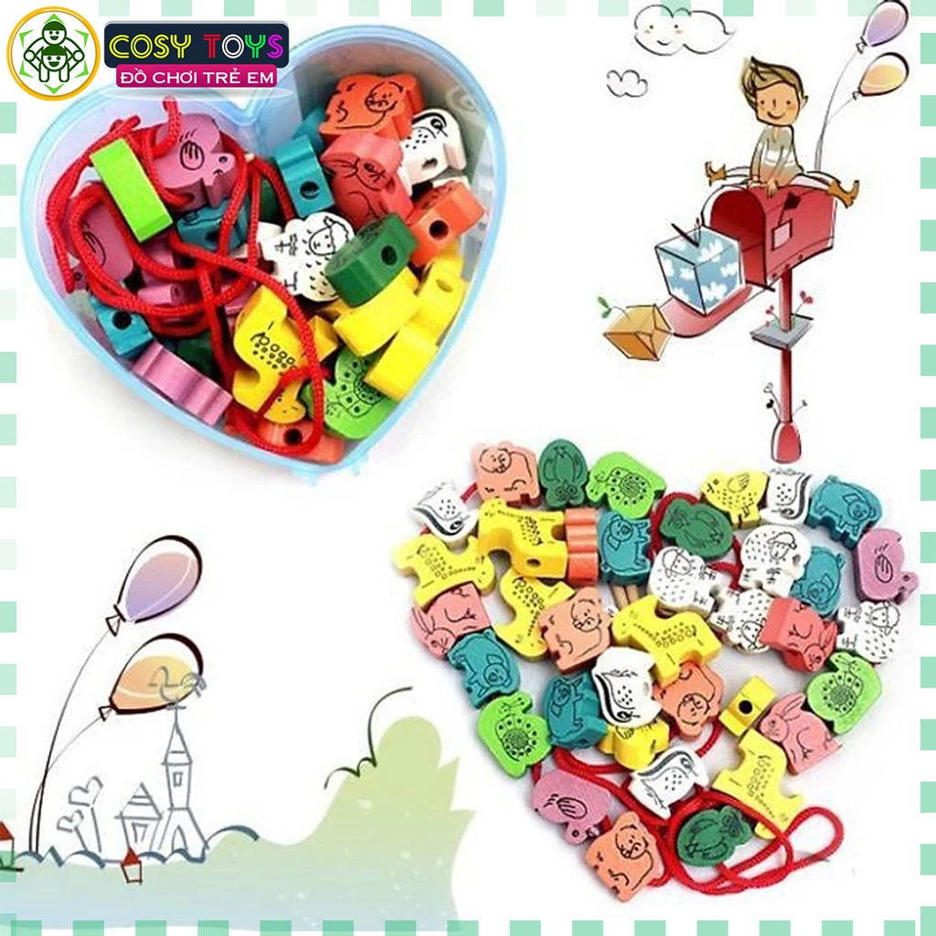 Đồ chơi xâu hạt gỗ nhiều hình dáng và màu sắc hộp trái tim cho bé