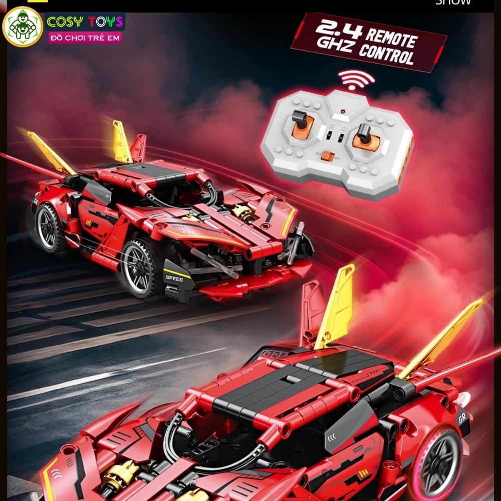 Đồ chơi xếp hình lắp ghép mô hình xe thể thao F1 màu đỏ cánh đuôi vàng cao cấp mẫu mới có động cơ điều khiển từ xa với 337 chi tiết cho bé