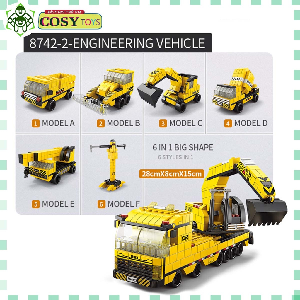 Bộ xếp hình lắp ghép 1000 chi tiết xe cẩu công trường 6 trong 1 với nhiều chi tiết, mẫu ghép khác nhau cho bé