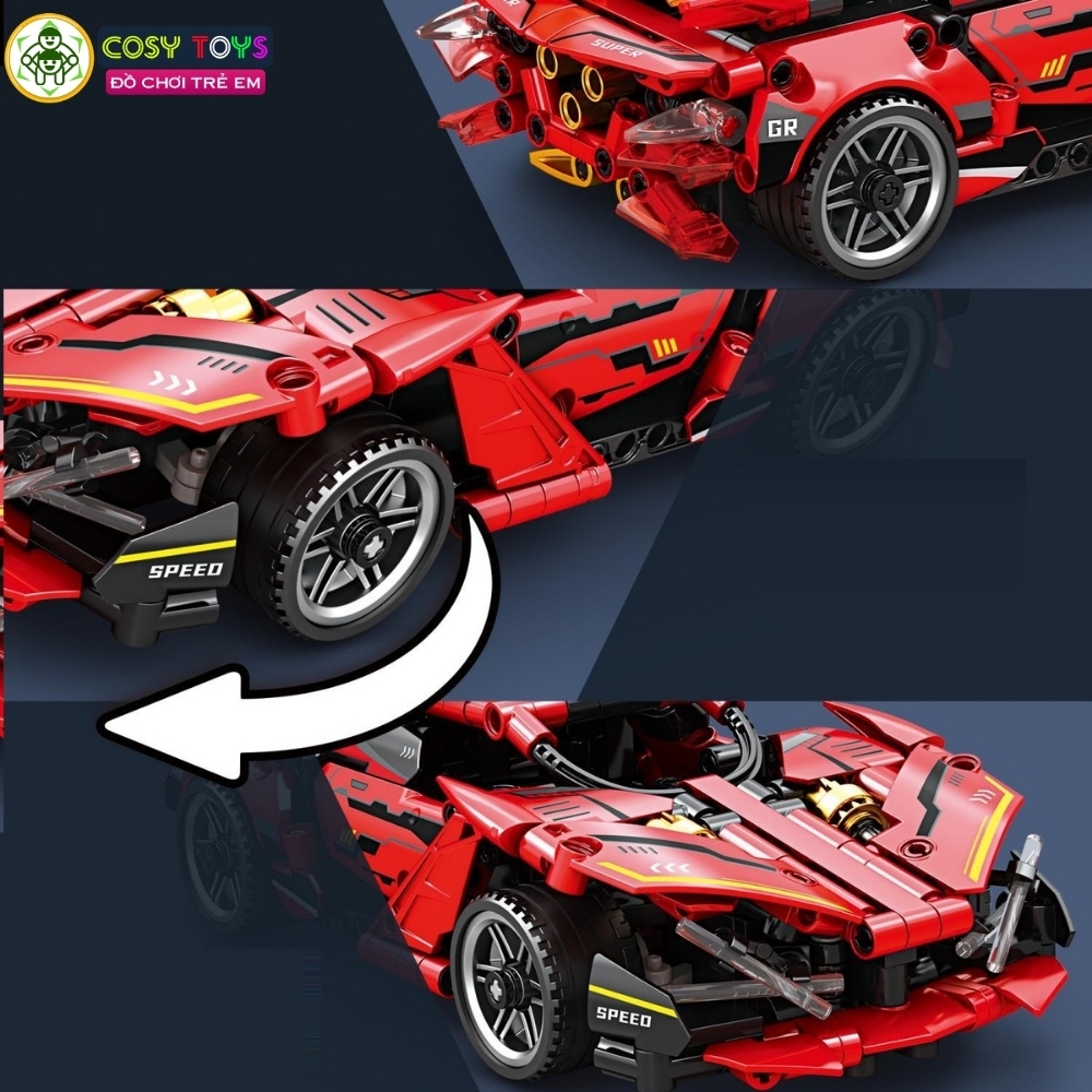 Đồ chơi xếp hình lắp ghép mô hình xe thể thao F1 màu đỏ cánh đuôi vàng cao cấp mẫu mới có động cơ điều khiển từ xa với 337 chi tiết cho bé