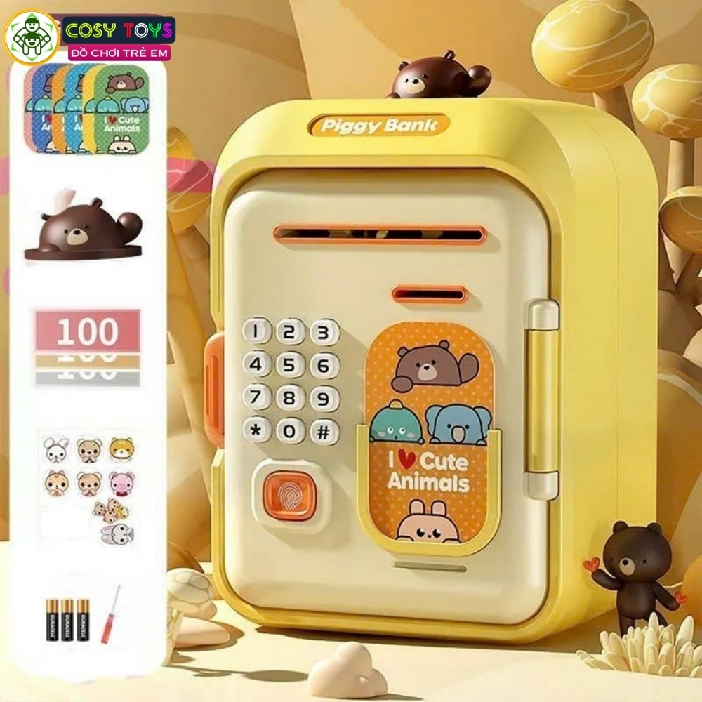 Đồ chơi két sắt tiết kiệm có nhạc và đèn, mở bằng mã số và vân tay cho bé