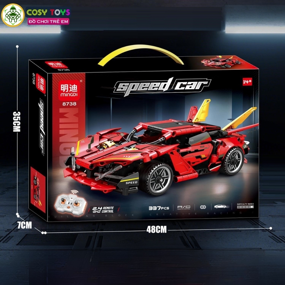 Đồ chơi xếp hình lắp ghép mô hình xe thể thao F1 màu đỏ cánh đuôi vàng cao cấp mẫu mới có động cơ điều khiển từ xa với 337 chi tiết cho bé