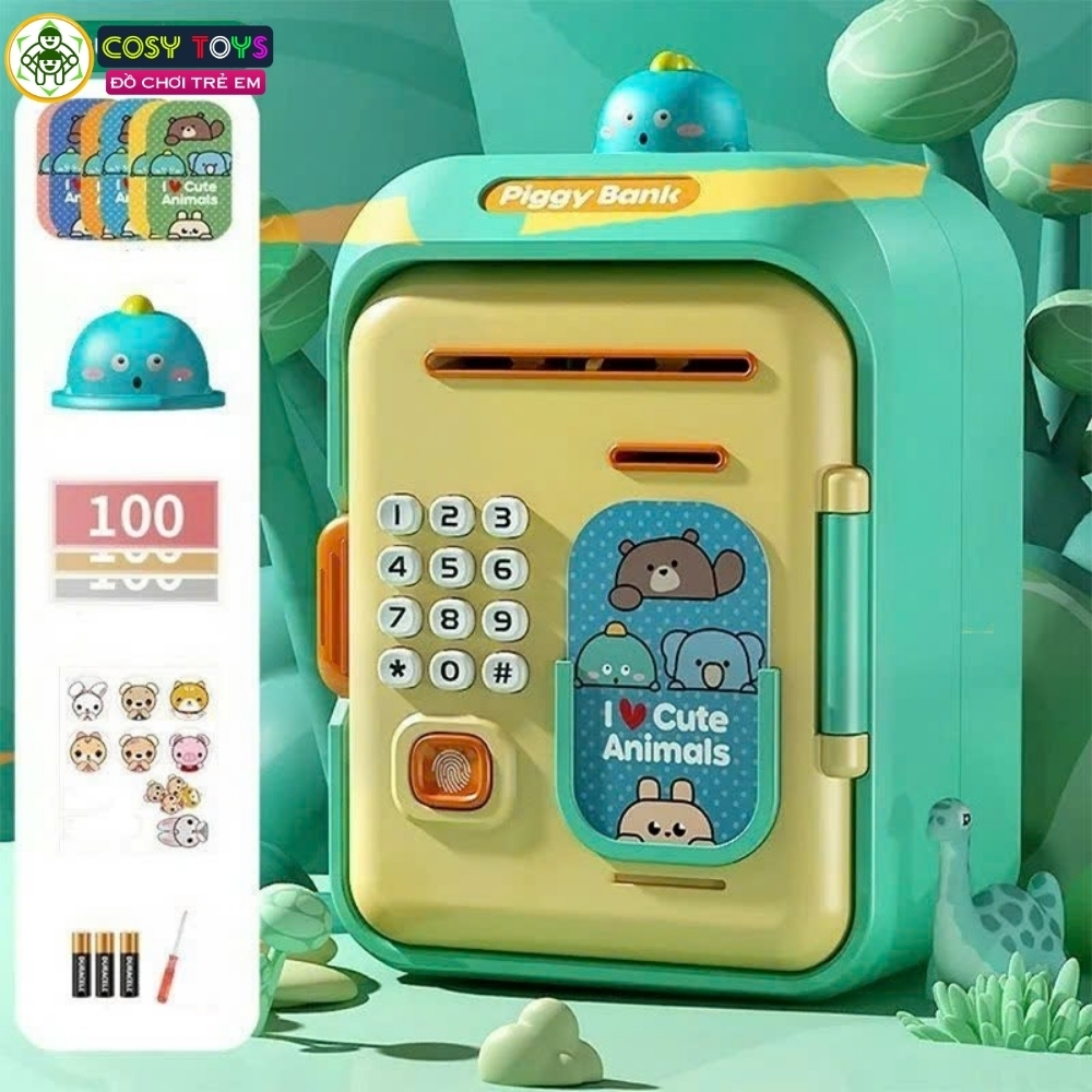 Đồ chơi két sắt tiết kiệm có nhạc và đèn, mở bằng mã số và vân tay cho bé