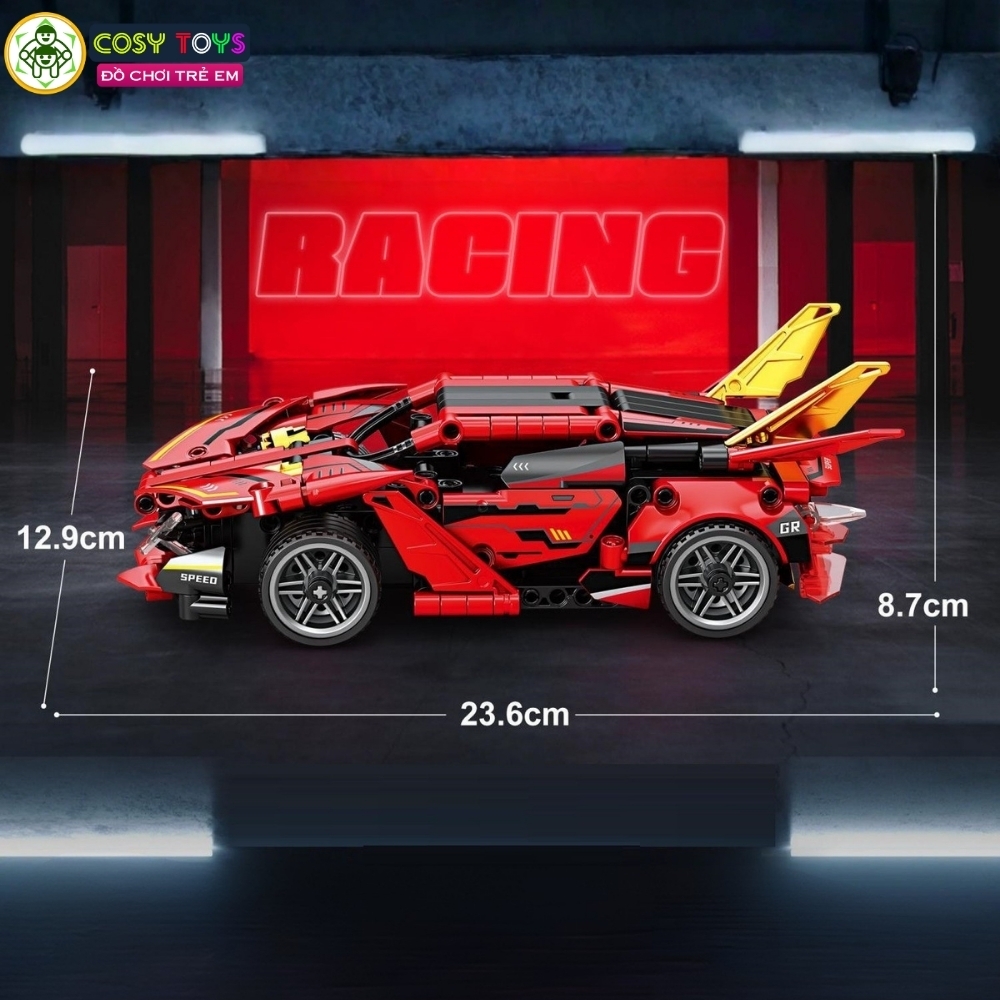 Đồ chơi xếp hình lắp ghép mô hình xe thể thao F1 màu đỏ cánh đuôi vàng cao cấp mẫu mới có động cơ điều khiển từ xa với 337 chi tiết cho bé