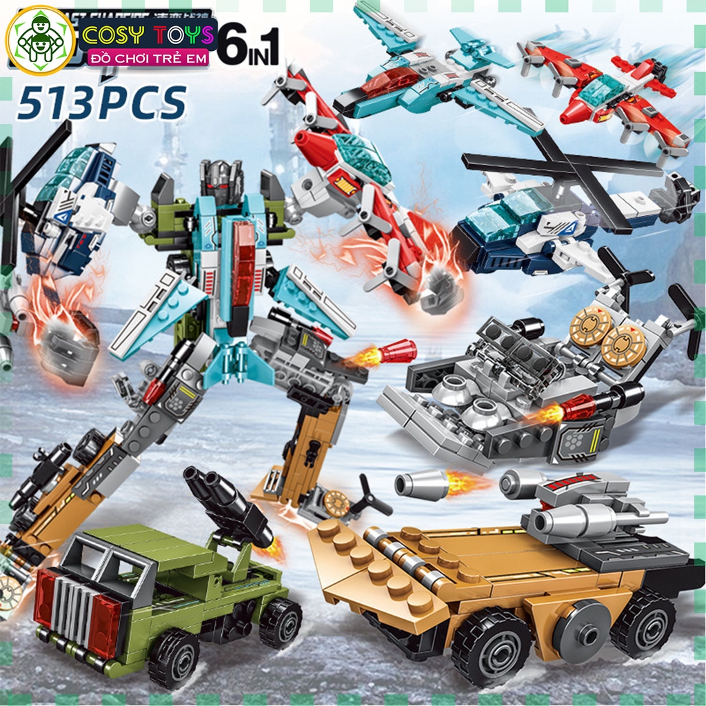 Đồ chơi xếp hình lắp ráp robot siêu nhân 6 trong 1 với 513 mảnh ghép