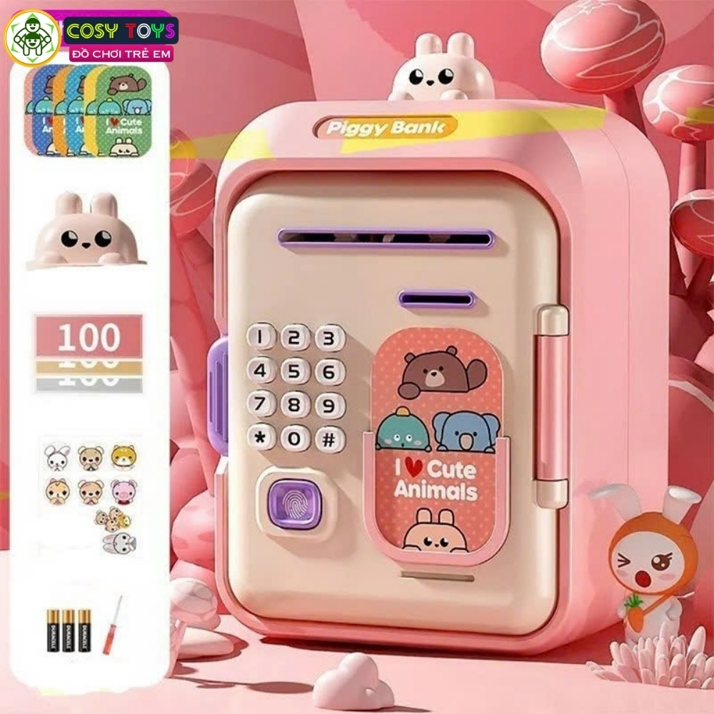 Đồ chơi két sắt tiết kiệm có nhạc và đèn, mở bằng mã số và vân tay cho bé