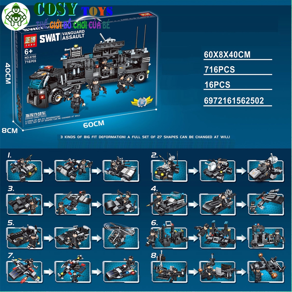 Đồ chơi lắp ghép xếp hình xe cảnh sát đặc nhiệm S.WAT 8 trong 3 - với 820 mảnh ghép ráp được 8 mô hình 3 cách chơi