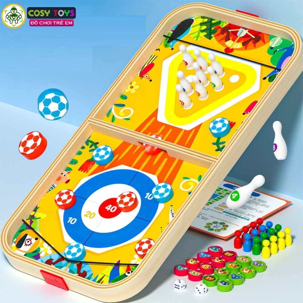 Bộ bàn cờ 5 trong 1 bằng gỗ gồm bàn bóng búng dây su, boling, banh ném và 4 quân cờ người cho bé