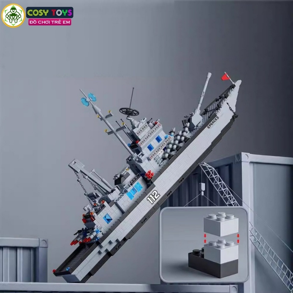 Đồ chơi lắp ghép xếp hình tàu chiến đấu cao cấp 6 trong 1 mẫu mới kèm trực thăng, tàu nhỏ và các nhân vật thủy thủ với 1456 mảnh ghép