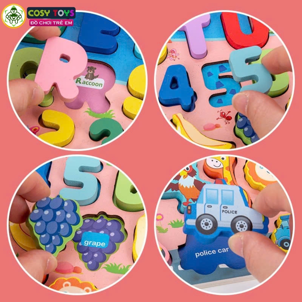 Đồ chơi gỗ Montessori đa năng 7 trong 1 gồm chữ cái, số, hình khối, câu cá...trí tuệ cho bé