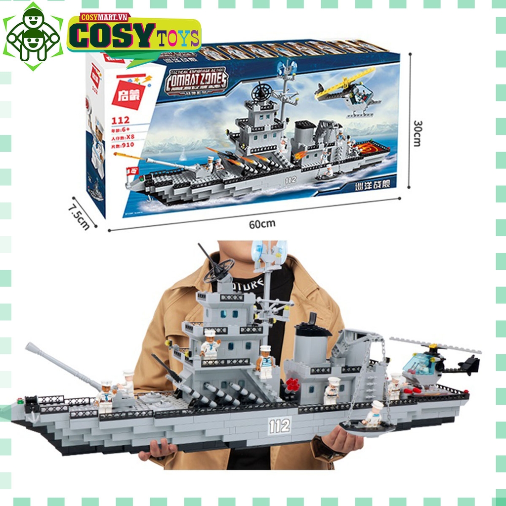 Đồ chơi lắp ghép xếp hình tàu chiến đấu cao cấp kèm trực thăng, tàu nhỏ và các nhân vật khác với 910 mảnh ghép