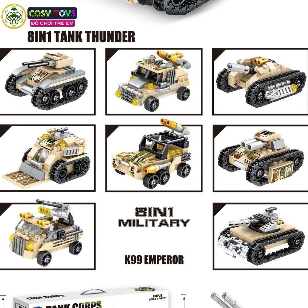 Đồ chơi lắp ghép xếp hình 8 trong 1 với xe tăng biến hình mẫu lớn với hơn 950 chi tiết
