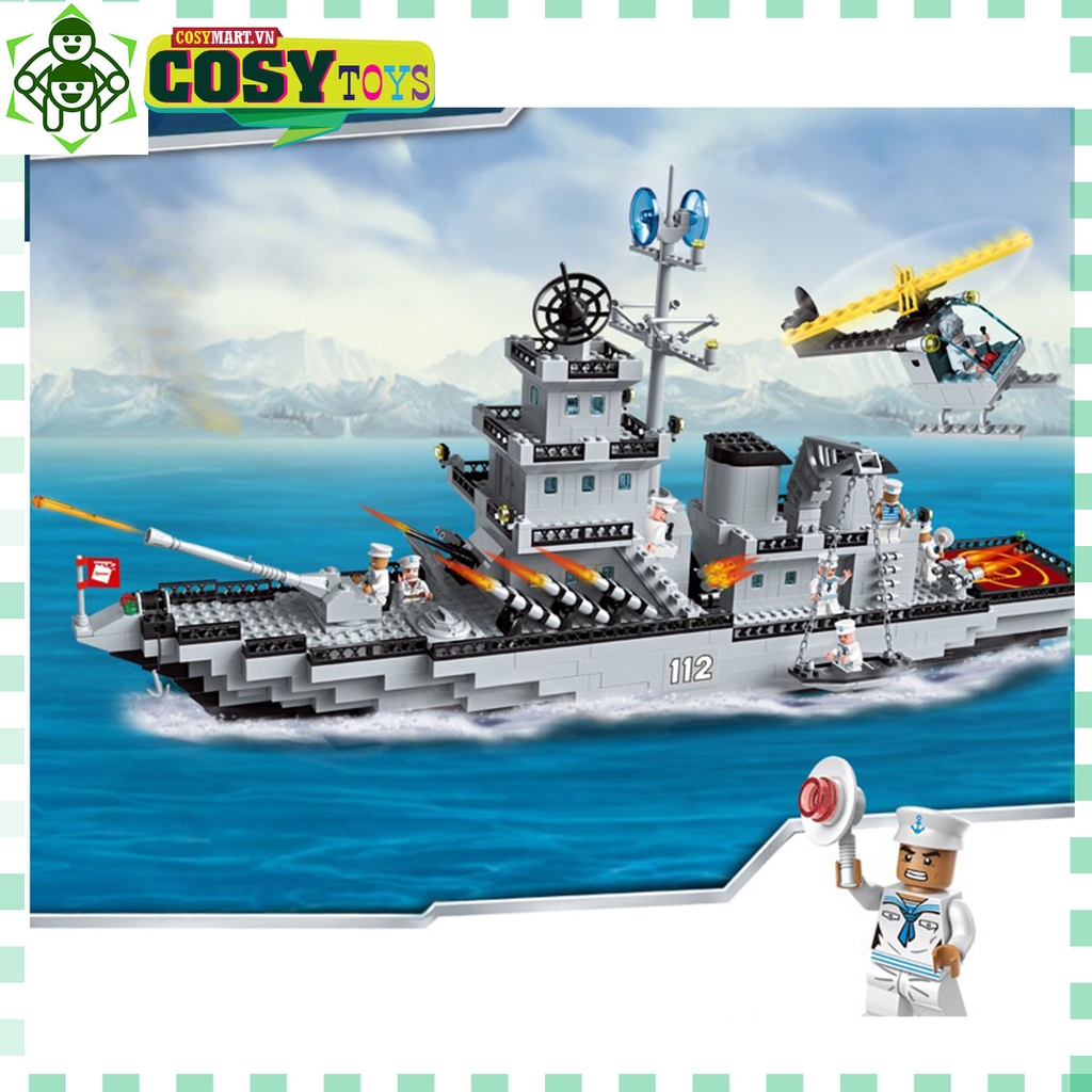Đồ chơi lắp ghép xếp hình tàu chiến đấu cao cấp kèm trực thăng, tàu nhỏ và các nhân vật khác với 910 mảnh ghép
