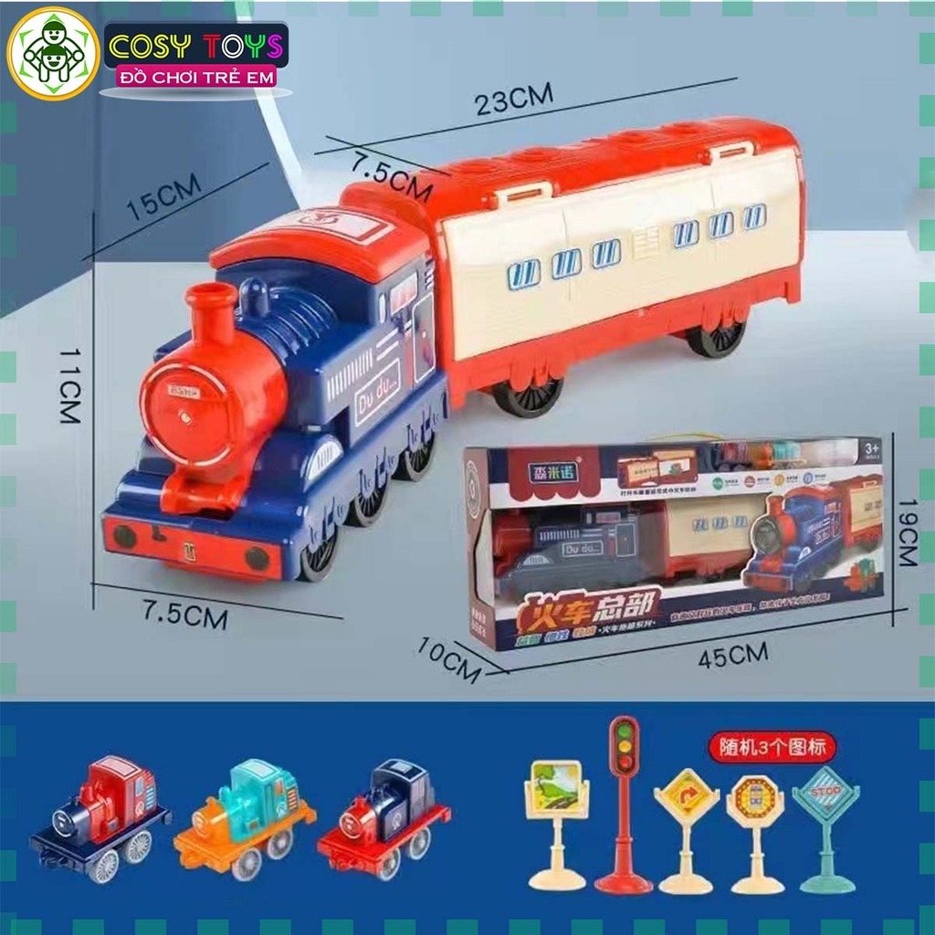 Đồ chơi lắp ghép đoàn tàu xe lửa chạy trên đường ray gồm 3 toa tàu nhỏ chạy pin và 1 đầu tàu lớn cho bé