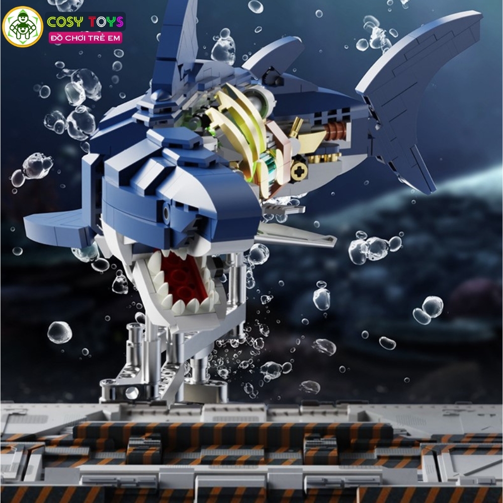 Đồ chơi xếp hình lắp ghép mô hình cá mập robot mới có động cơ chạy bằng dây cót với 687 chi tiết cho bé