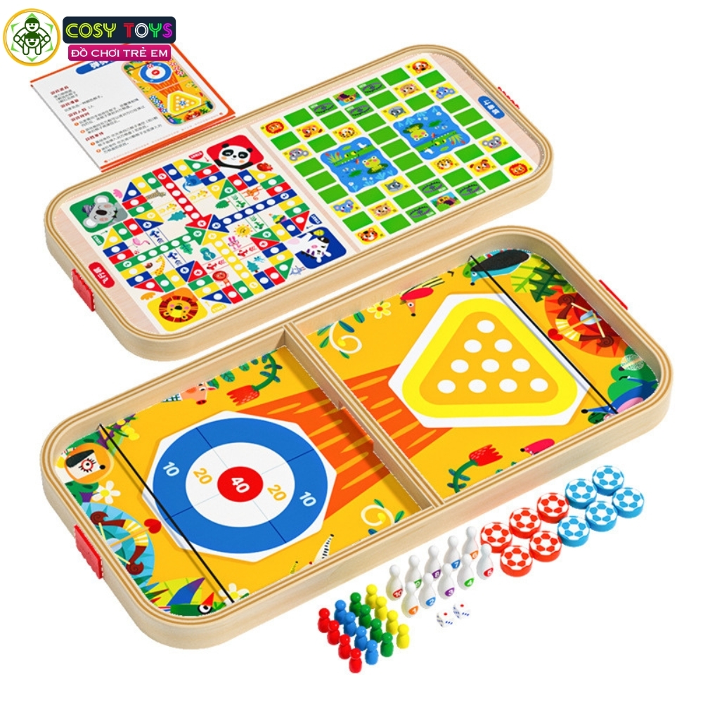 Bộ bàn cờ 5 trong 1 bằng gỗ gồm bàn bóng búng dây su, boling, banh ném và 4 quân cờ người cho bé