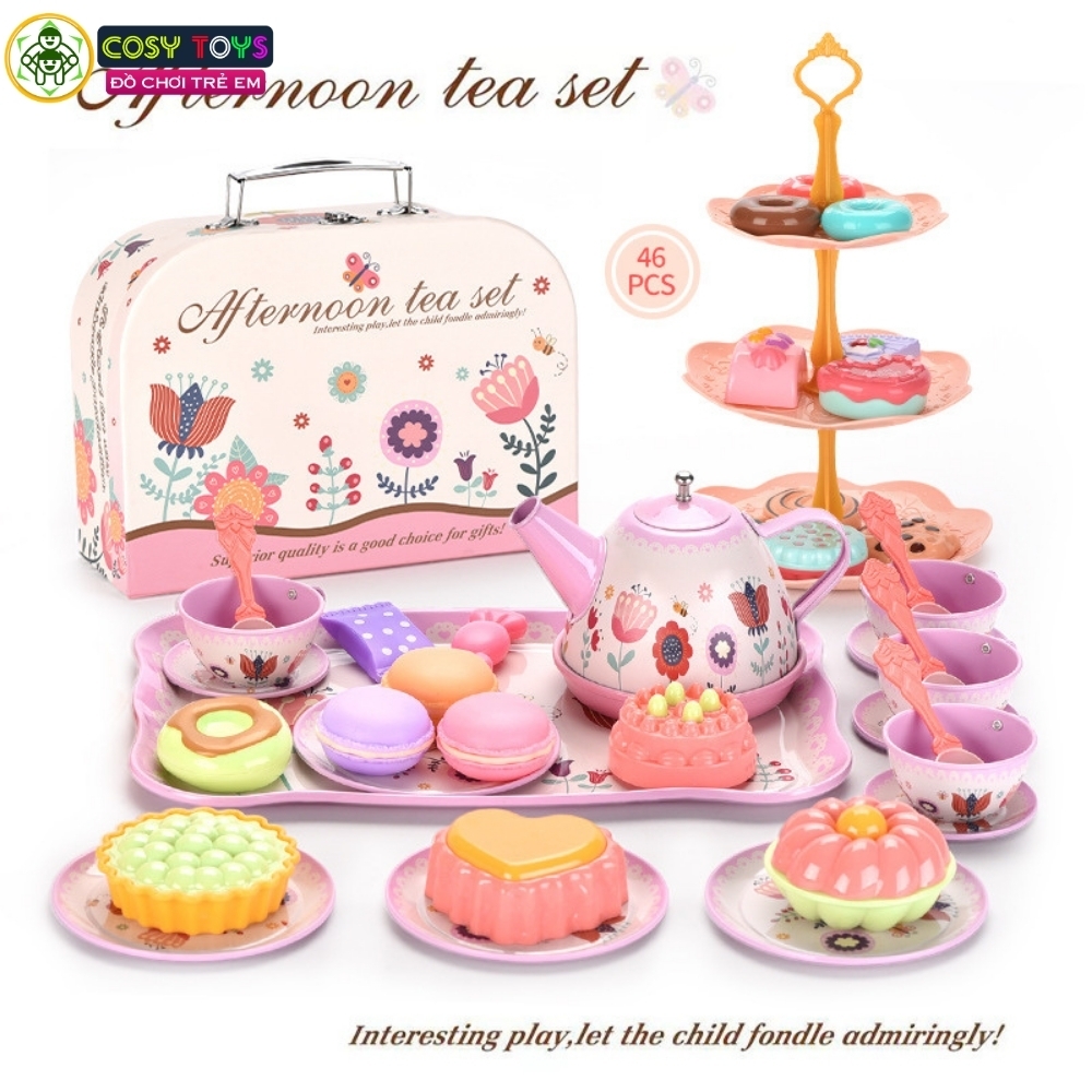 Đồ chơi buổi tiệc trà chiều 42 chi tiết: bánh ngọt, bộ ấm chén, giá đỡ bánh.... cho bé