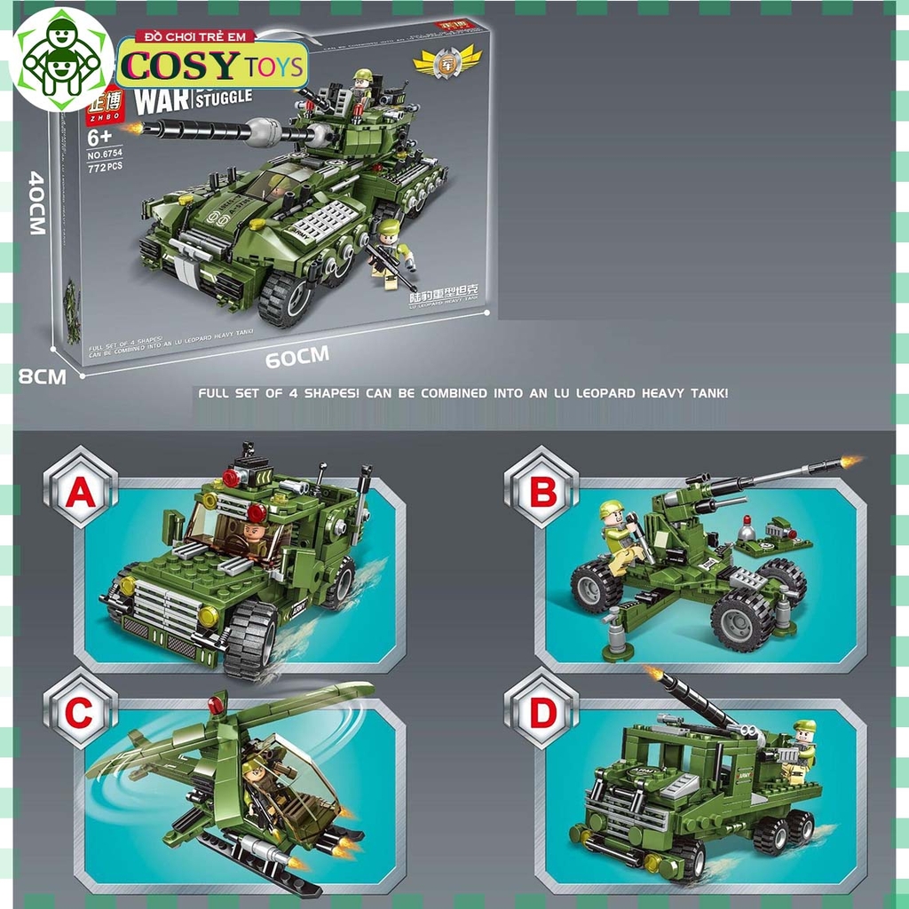 Đồ chơi lắp ghép xếp hình xe tăng quân sự cùng 4 mẫu xe nhỏ với hơn 772 chi tiết