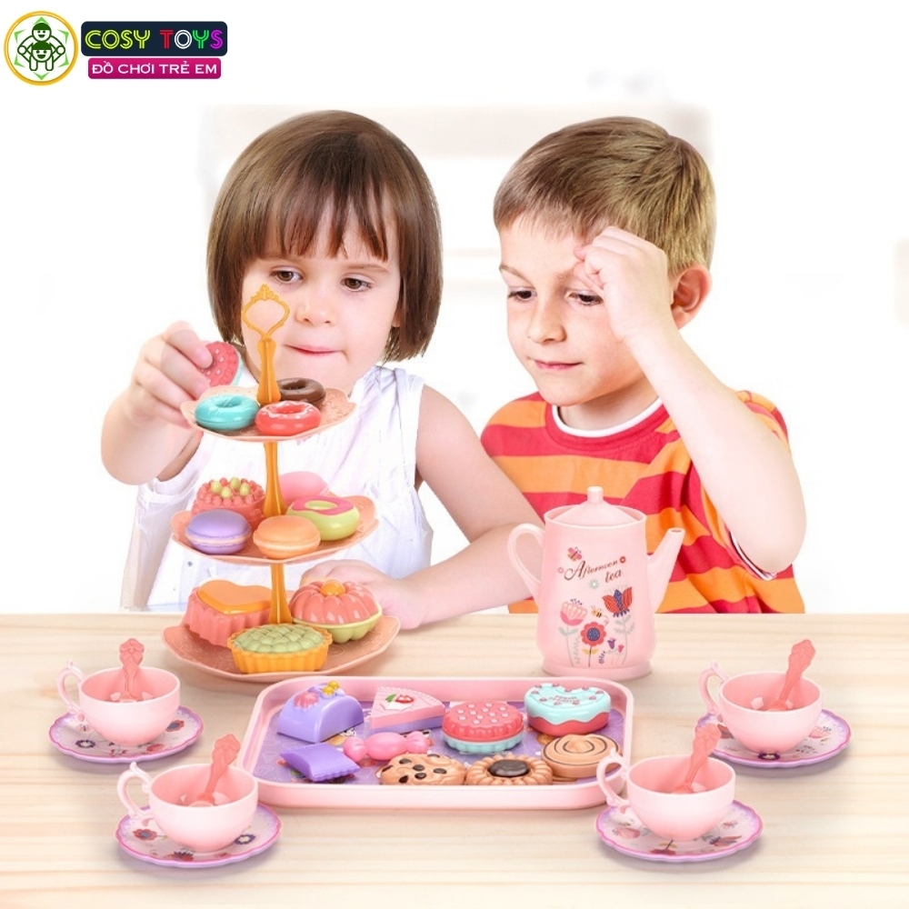 Đồ chơi buổi tiệc trà chiều 42 chi tiết: bánh ngọt, bộ ấm chén, giá đỡ bánh.... cho bé