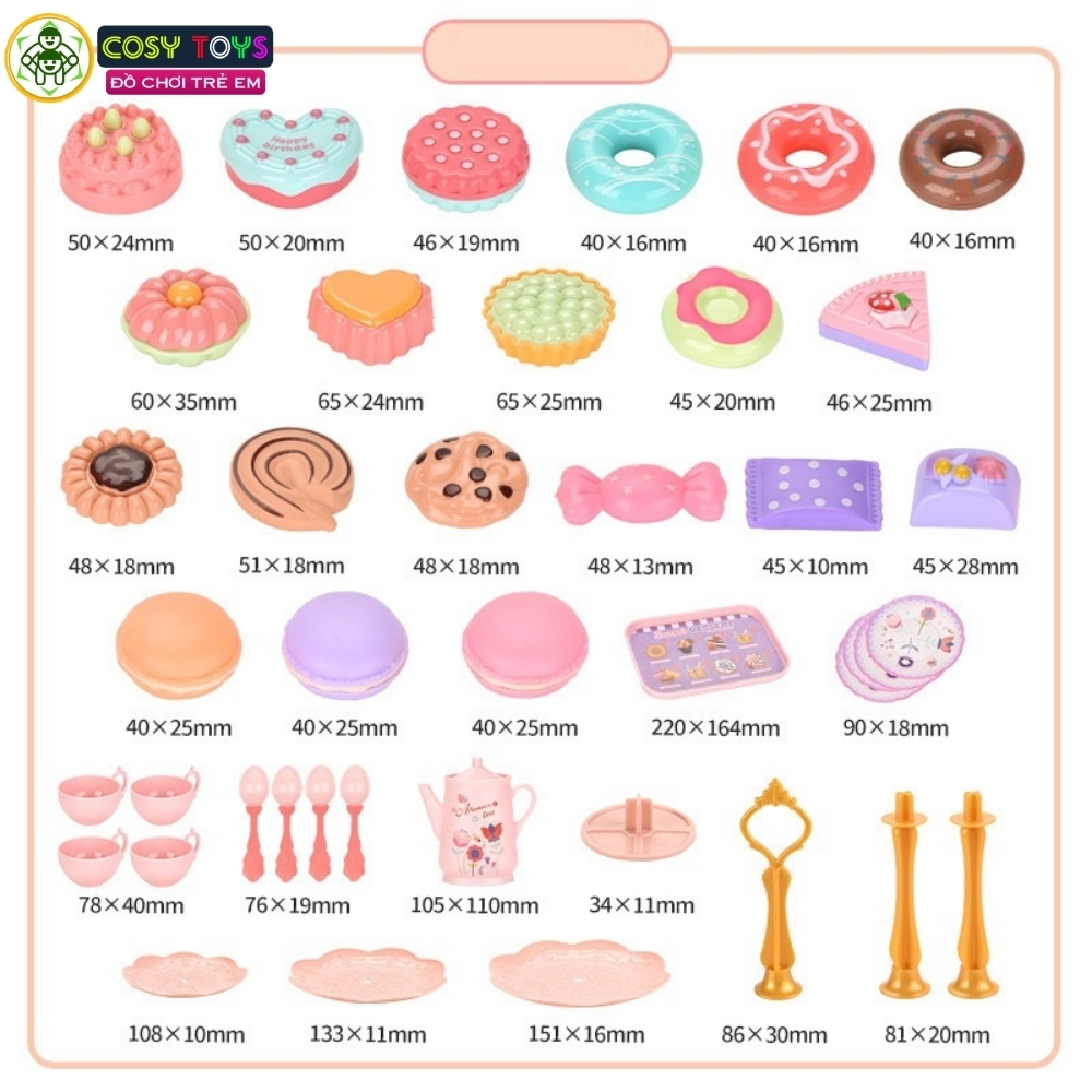Đồ chơi buổi tiệc trà chiều 42 chi tiết: bánh ngọt, bộ ấm chén, giá đỡ bánh.... cho bé