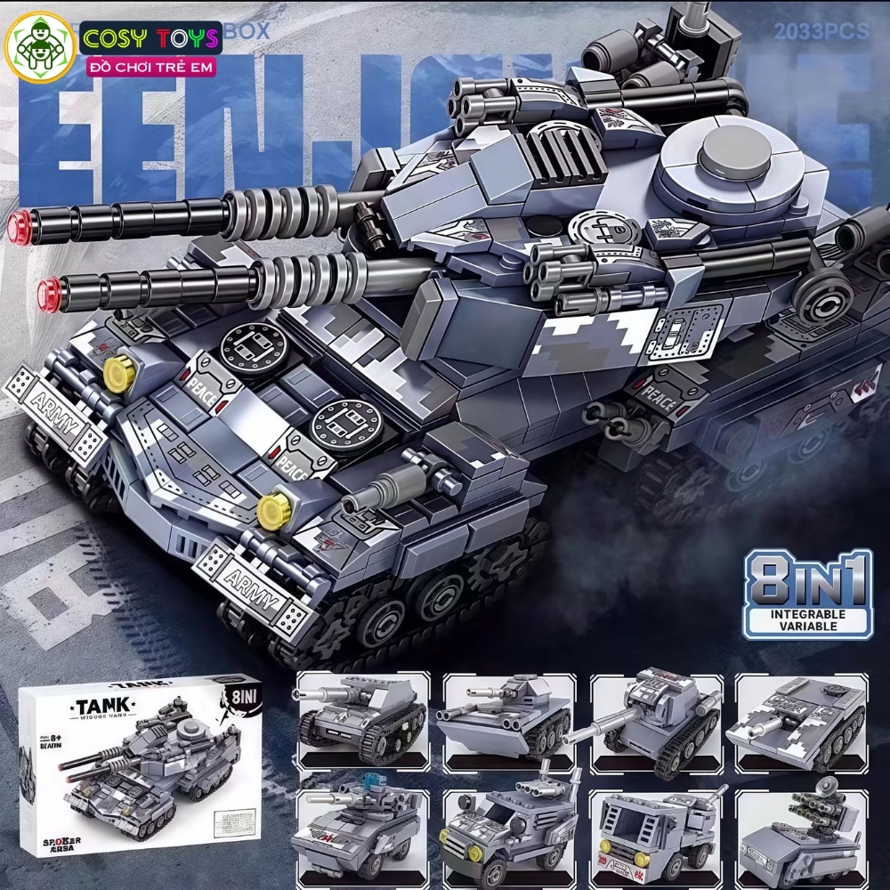 Đồ chơi lắp ghép xếp hình xe tăng hai nòng 8 trong 1 với nhiều mẫu xe nhỏ 796 chi tiết