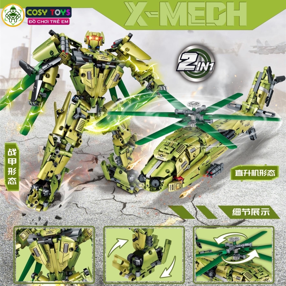 Đồ chơi lắp ghép xếp hình 2 trong 1 xe tăng, máy bay, trực thăng và mô tô biến hình thành robot cỡ lớn với hơn 946 - 1326 - 919 - 933 chi tiết
