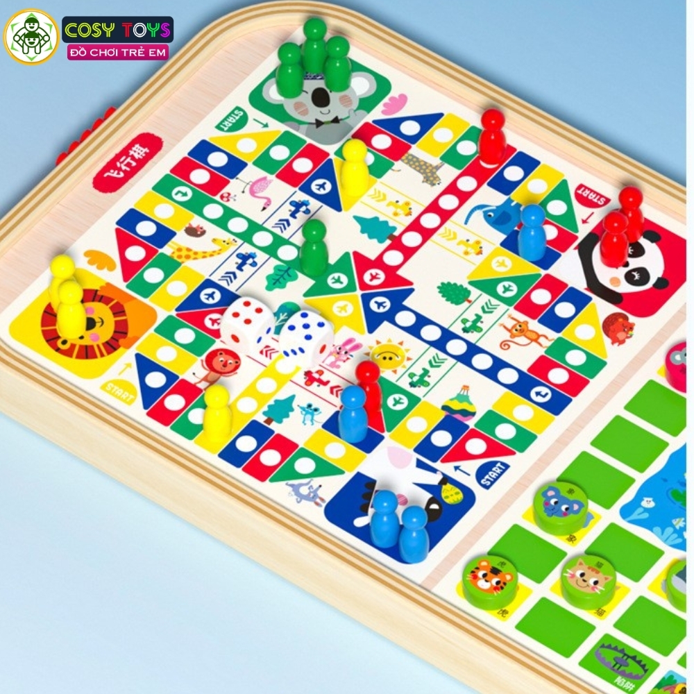 Bộ bàn cờ 5 trong 1 bằng gỗ gồm bàn bóng búng dây su, boling, banh ném và 4 quân cờ người cho bé