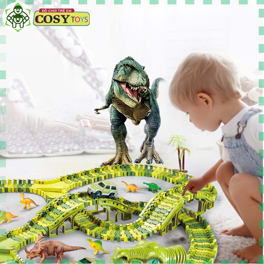 Đồ chơi lắp ráp đường đua ô tô chạy pin mô hình khủng long với hơn 240 chi tiết