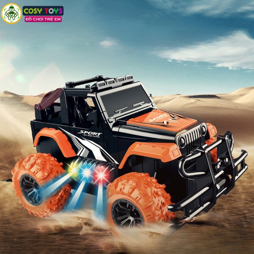 Đồ chơi xe thể thao địa hình có điều khiển 4 chiều màu cam có đèn đủ màu bên hông xe cho bé