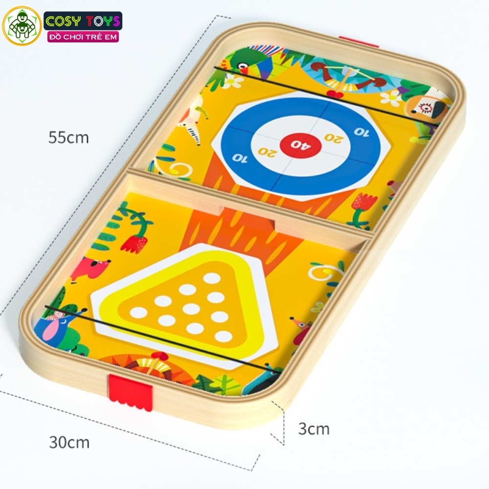 Bộ bàn cờ 5 trong 1 bằng gỗ gồm bàn bóng búng dây su, boling, banh ném và 4 quân cờ người cho bé