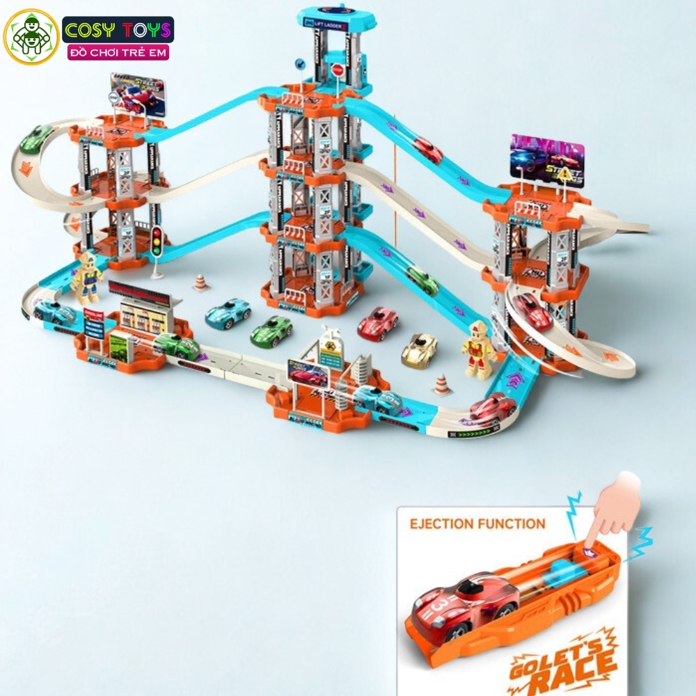 Đồ chơi gara ô tô gồm trạm đỗ xăng, ngã ba chuyển xe với 3 tầng kèm 4 xe ô tô với 138 chi tiết cho bé