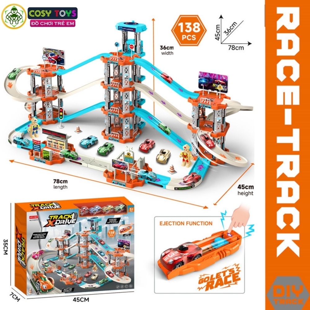 Đồ chơi gara ô tô gồm trạm đỗ xăng, ngã ba chuyển xe với 3 tầng kèm 4 xe ô tô với 138 chi tiết cho bé