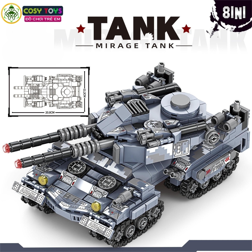 Đồ chơi lắp ghép xếp hình xe tăng hai nòng 8 trong 1 với nhiều mẫu xe nhỏ 796 chi tiết