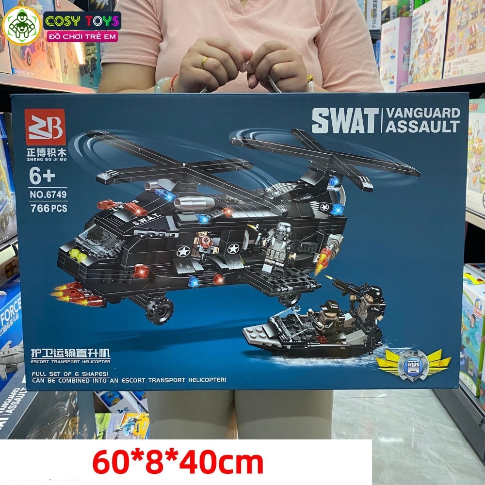 Đồ chơi lắp ghép xếp hình máy bay trực thăng vận tải thân dài 6 trong 1 với 766 mảnh ghép