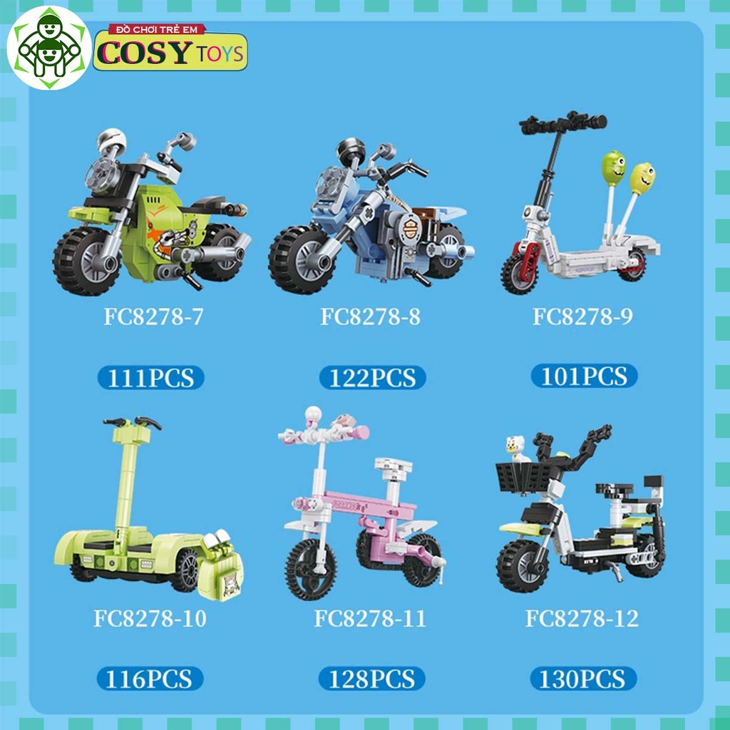 Đồ chơi lắp ghép xếp hình xe các loại: xe điện, xe scooter, xe máy từ 102 đến 130 chi tiết