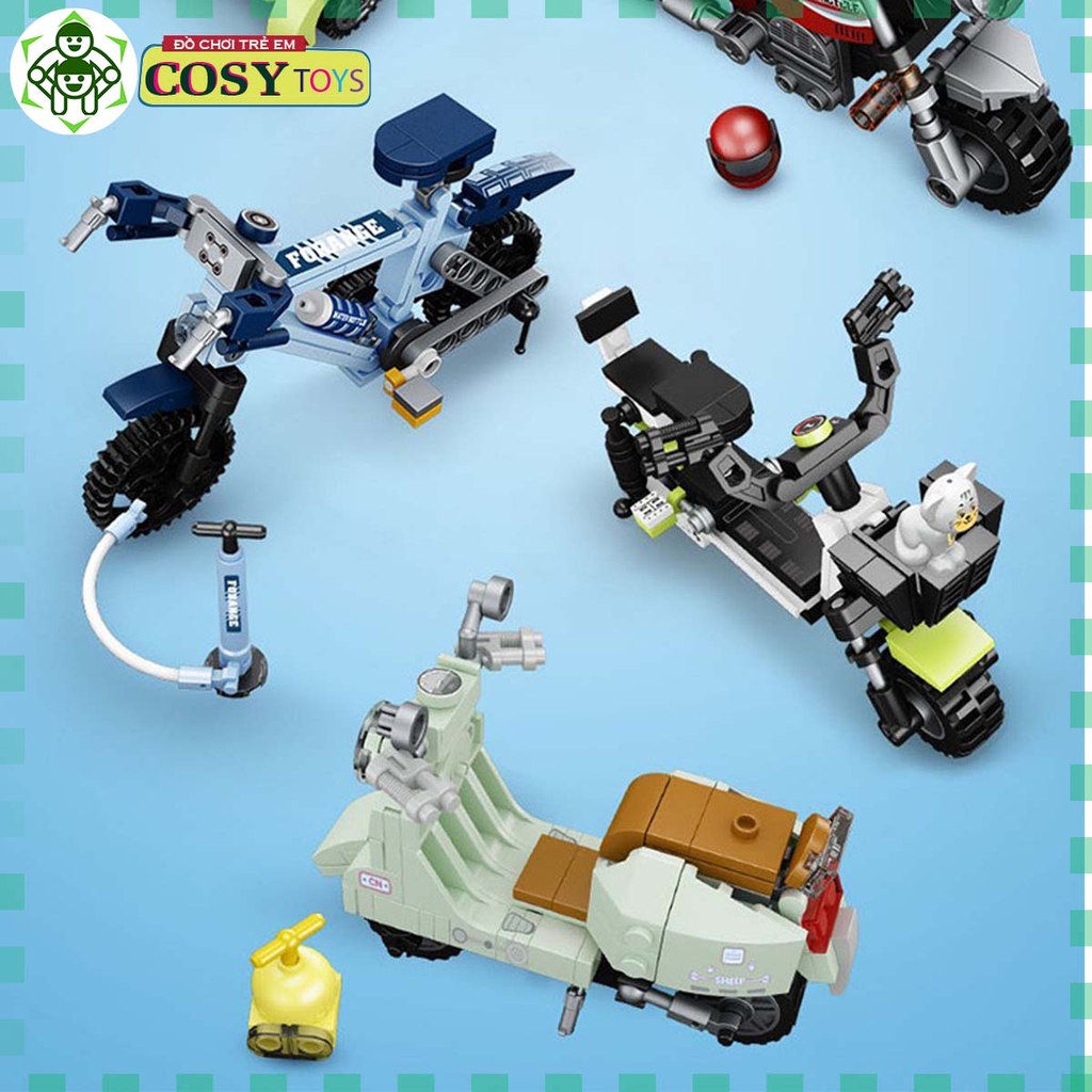 Đồ chơi lắp ghép xếp hình xe các loại: xe điện, xe scooter, xe máy từ 102 đến 130 chi tiết